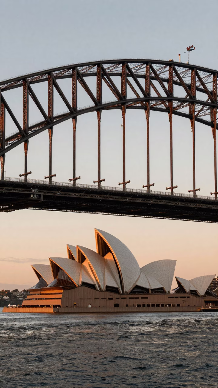 Sydney Harbour Bridge and Opera House in Copper-Toned Light Before Dusk in in Sydney, New South Wales, Australia