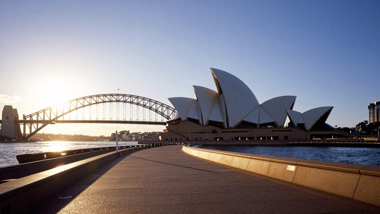 Sydney Harbour Bridge and Opera House in Late Afternoon Light with Street Life in in Sydney, New South Wales, Australia