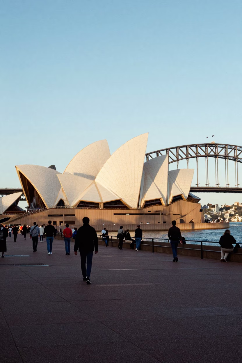 Sydney Harbour Bridge and Opera House in Late Afternoon Light with Urban Street Details in in Sydney, New South Wales, Australia