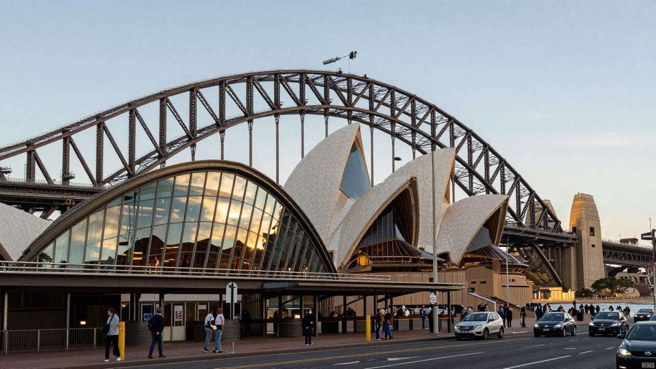 Sydney Harbour Bridge and Opera House Late Afternoon Street Scene with Vintage Train Station in in Sydney, New South Wales, Australia