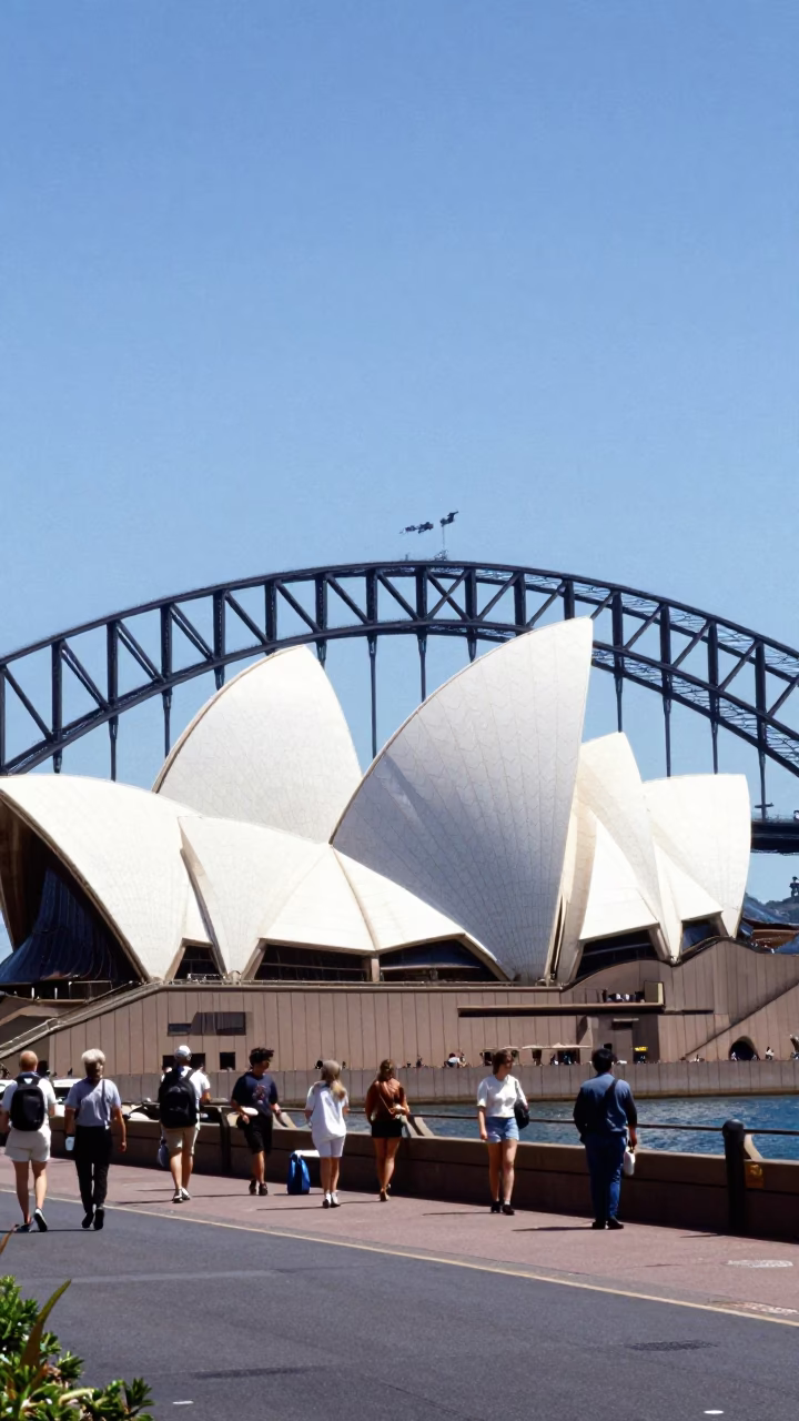 Sydney Harbour Bridge and Opera House midday street scene with pedestrians and classic cars in in Sydney, New South Wales, Australia