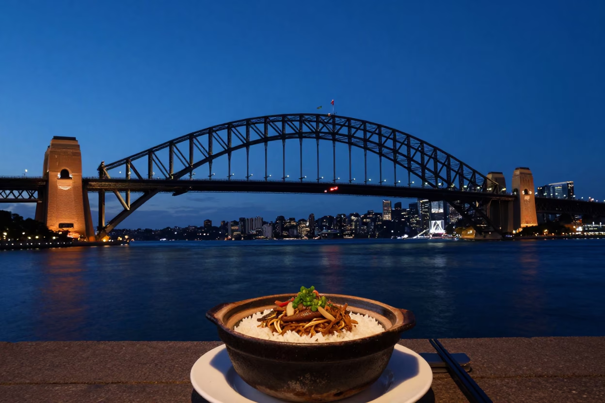 Sydney Harbour Bridge at Blue Hour with Claypot Rice Dinner in in Sydney, New South Wales, Australia