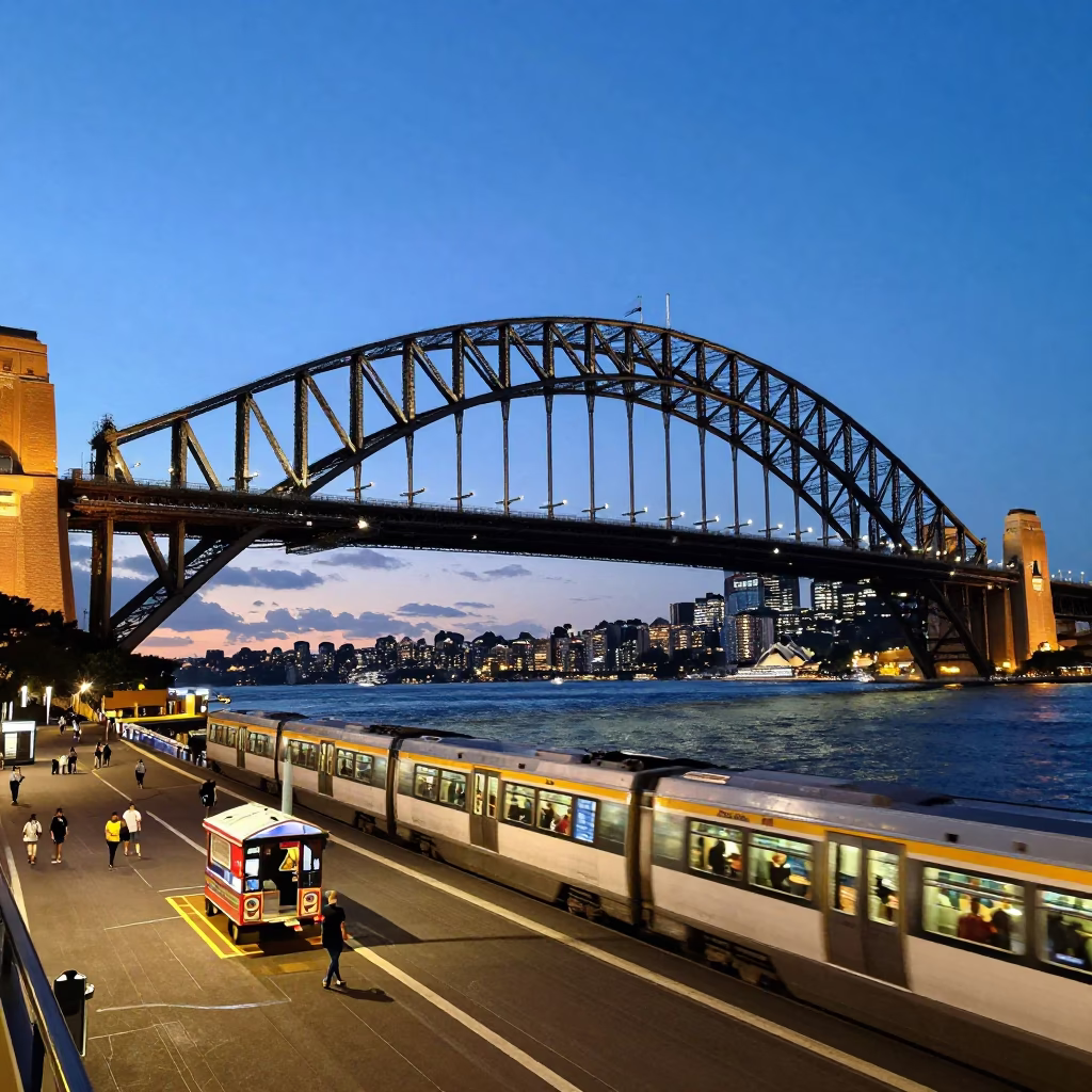 Sydney Harbour Bridge at Blue Hour with Commuter Train and Street Cart in in Sydney, New South Wales, Australia