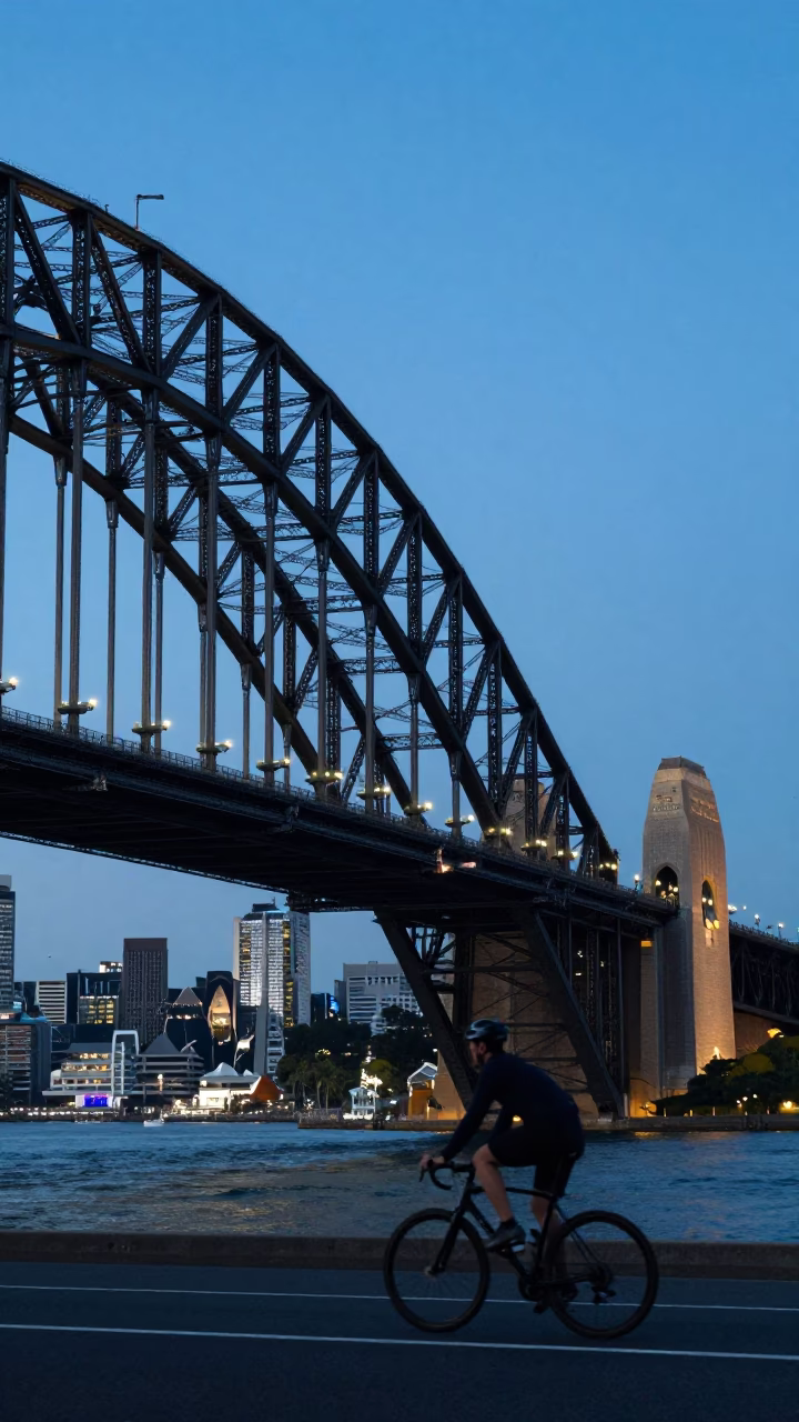 Sydney Harbour Bridge at Blue Hour with Cyclist and City Skyline in in Sydney, New South Wales, Australia