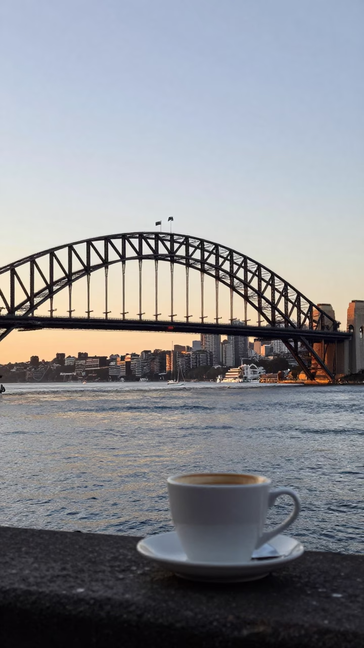 Sydney Harbour Bridge at Dawn with Morning Coffee and Urban Commute in in Sydney, New South Wales, Australia