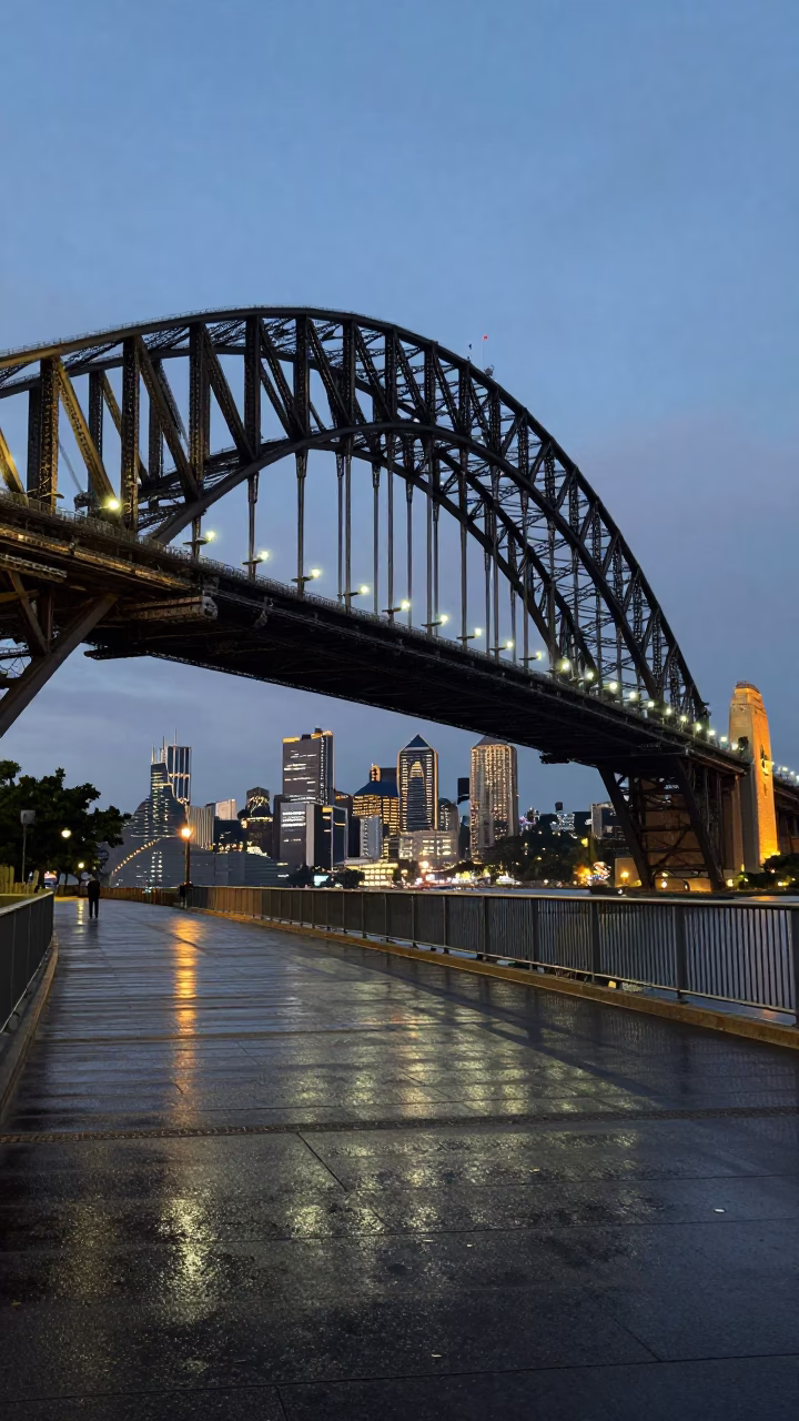 Sydney Harbour Bridge at Dusk with Suspension Bridge Deck Shining After Storm in in Sydney, New South Wales, Australia