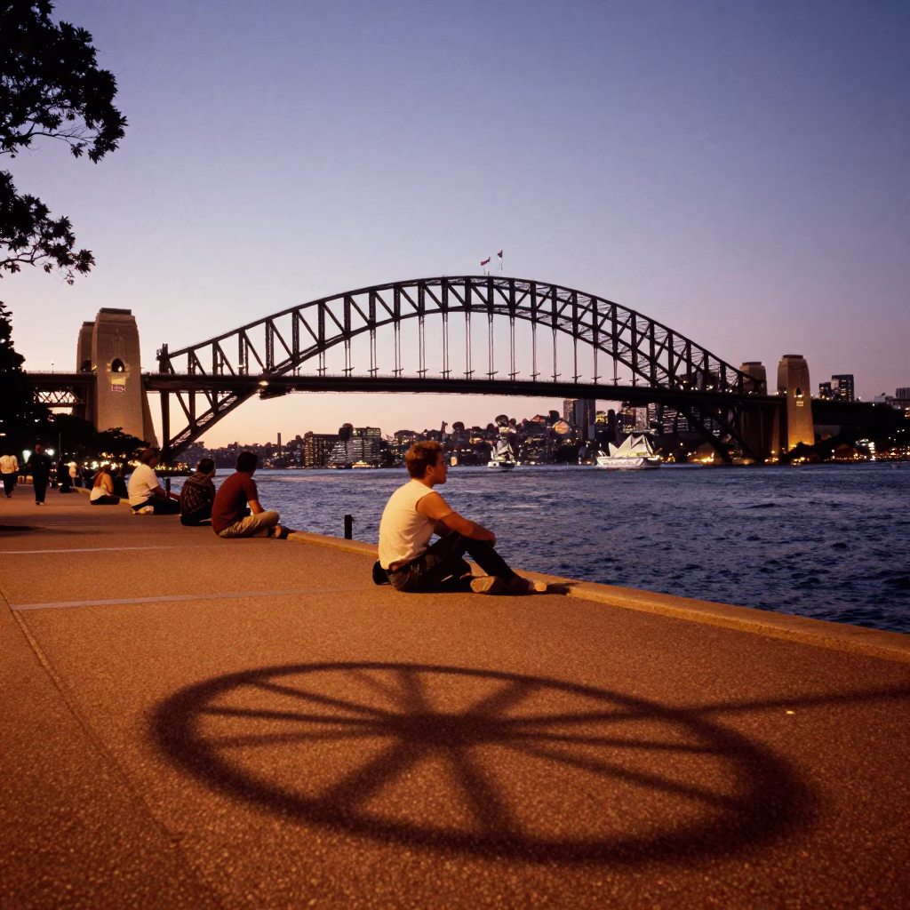 Sydney Harbour Bridge at Dusk with Wicker Shadow and Linen Stool in Copper Light in in Sydney, New South Wales, Australia