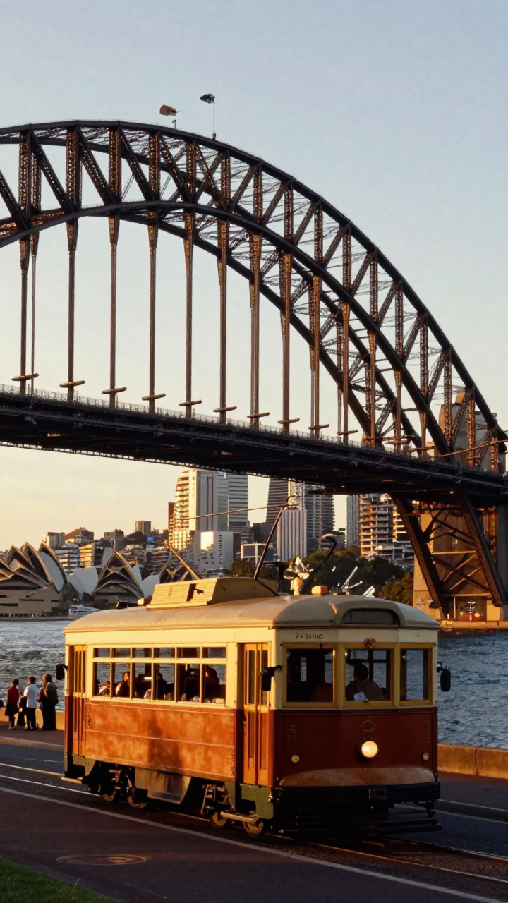 Sydney Harbour Bridge at Golden Hour with Vintage Tram and Coastal Promenade in in Sydney, New South Wales, Australia