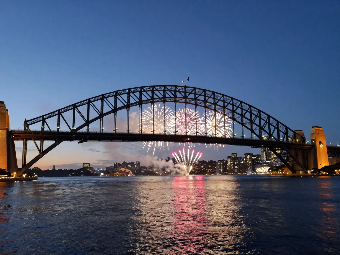 Sydney Harbour Bridge at Nautical Dawn with Fireworks Reflections in in Sydney, New South Wales, Australia