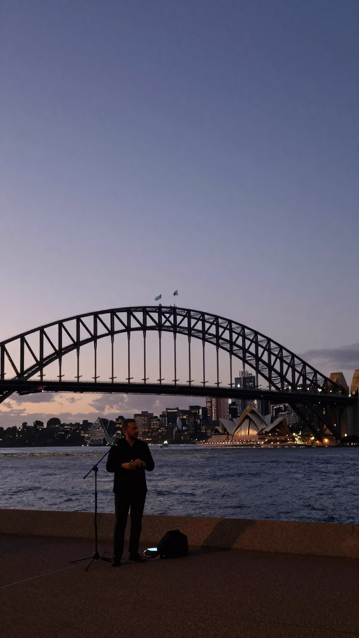 Sydney Harbour Bridge at Nautical Dawn with Street Musician and Urban Interchange in in Sydney, New South Wales, Australia