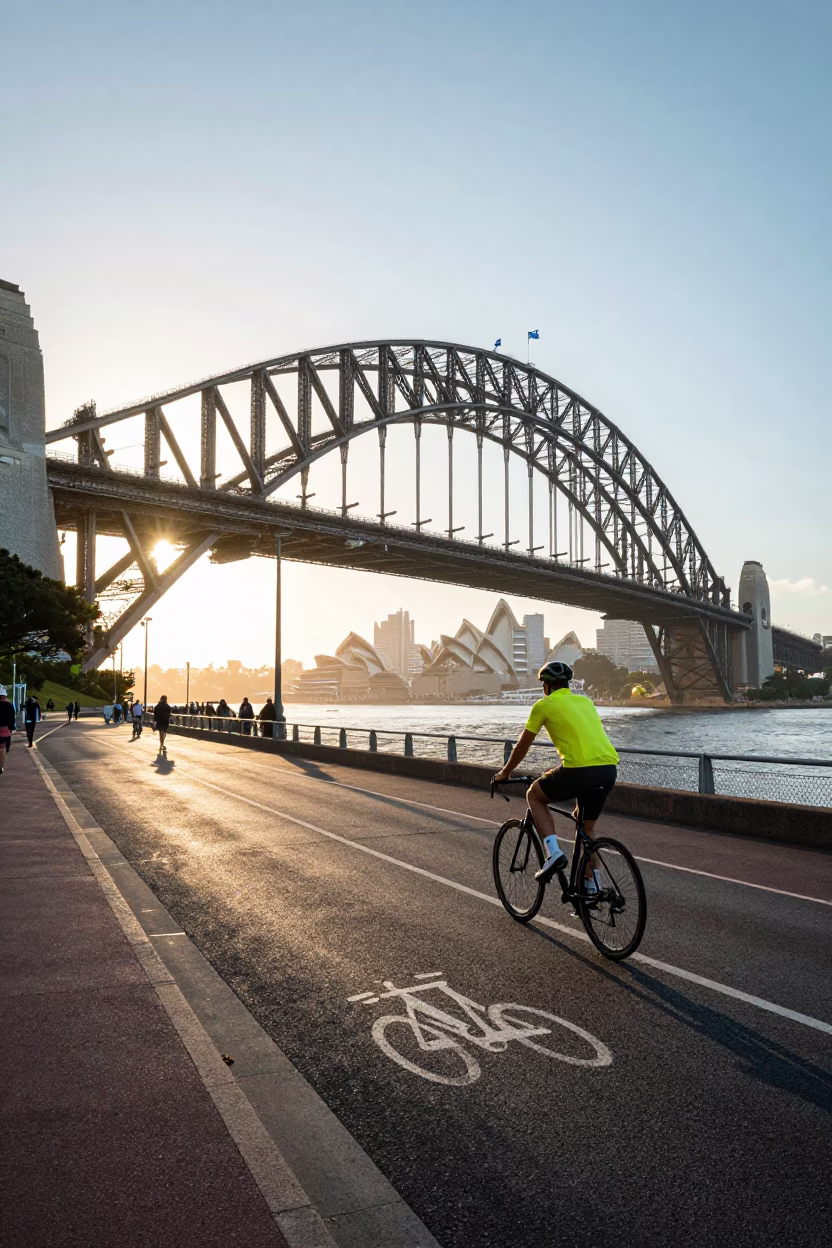 Sydney Harbour Bridge at Sunrise with Colorful Street Scene and Local Life in in Sydney, New South Wales, Australia