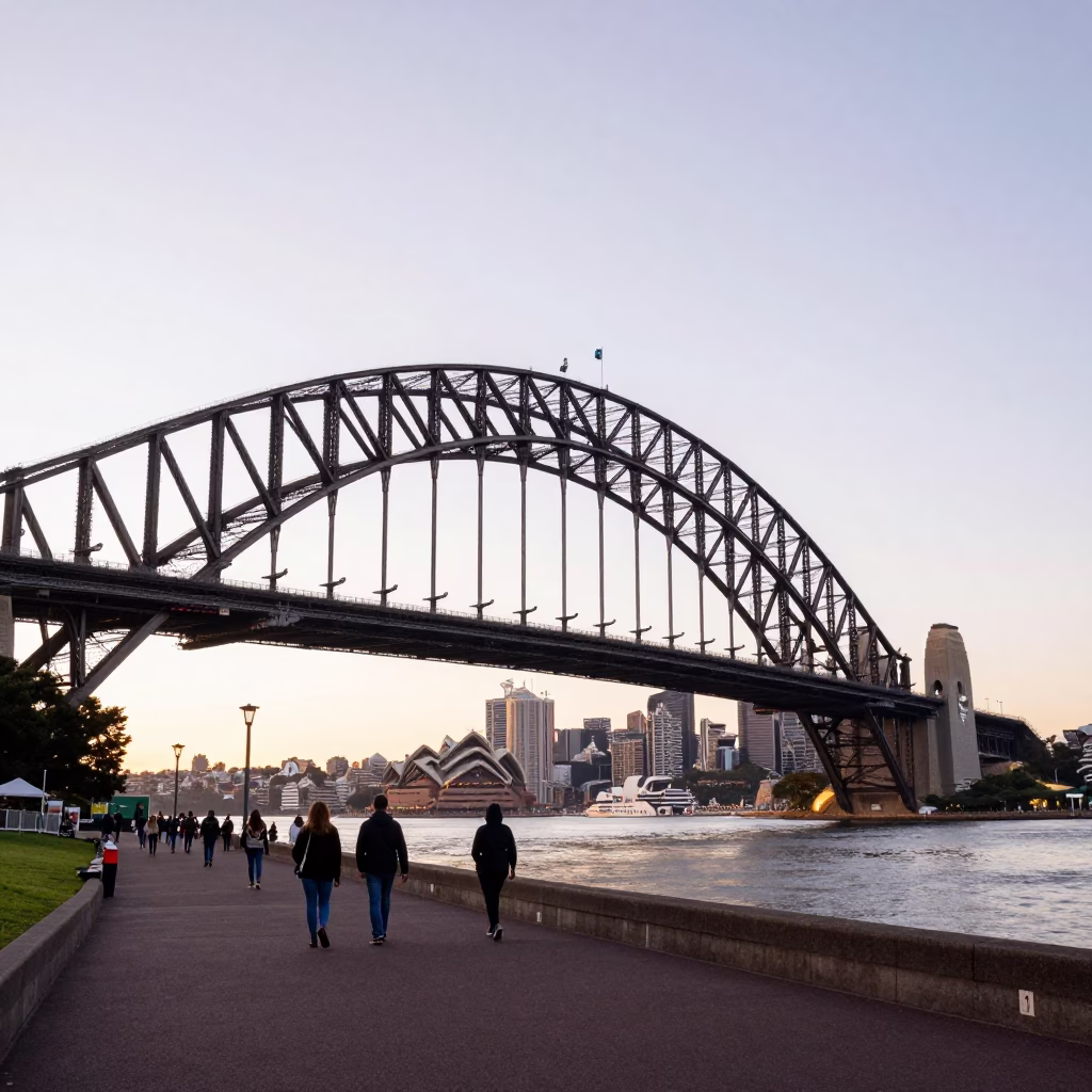 Sydney Harbour Bridge at Sunrise with Morning Commuters and Street Food Vendors in in Sydney, New South Wales, Australia