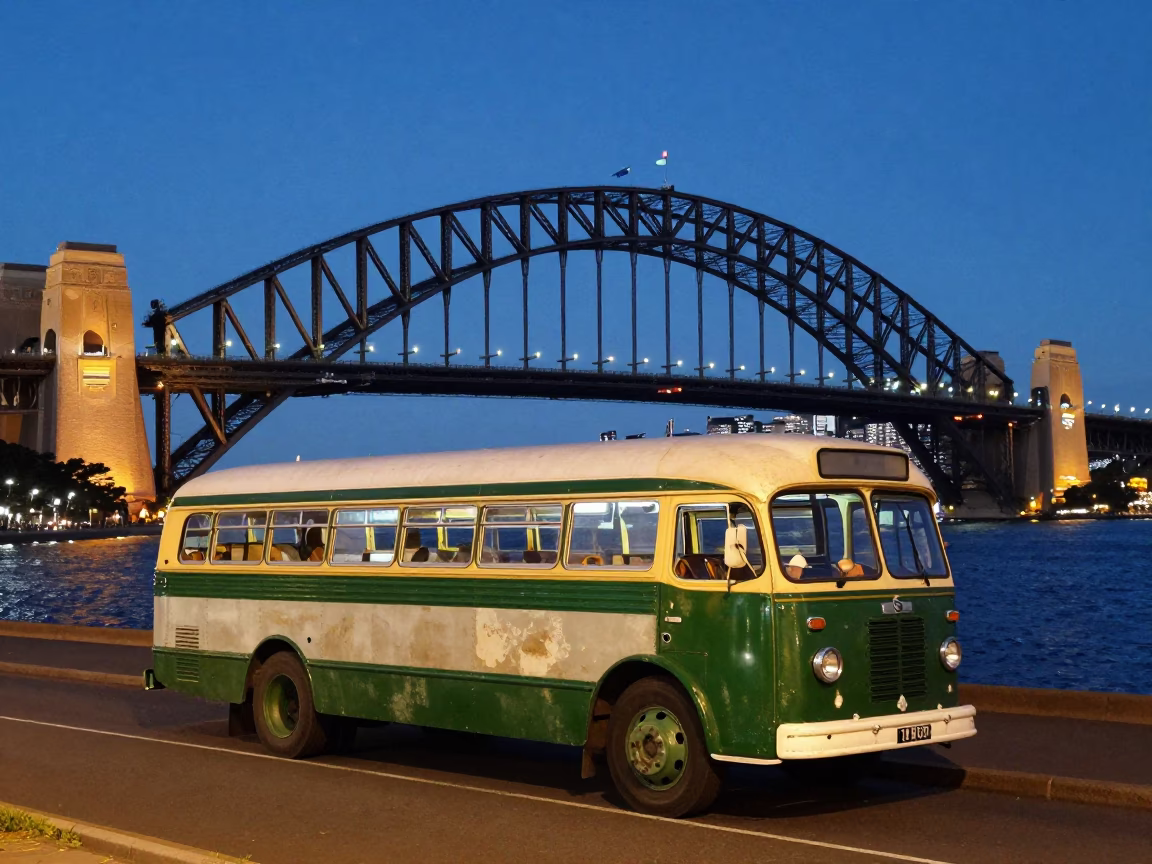 Sydney Harbour Bridge at Twilight with Vintage Bedford Bus and Wicker Hamper in in Sydney, New South Wales, Australia
