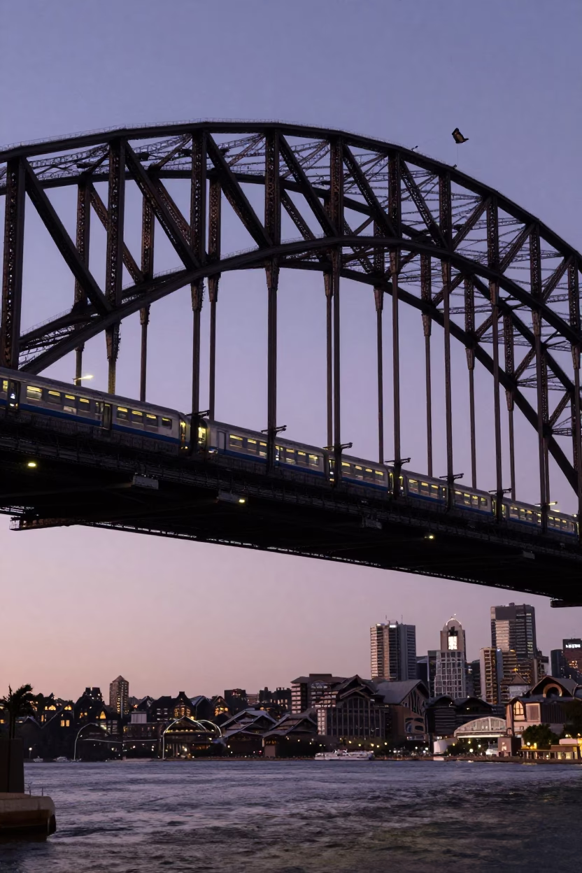 Sydney Harbour Bridge Commuter Train Crossing at Indigo Twilight in New South Wales in in Sydney, New South Wales, Australia