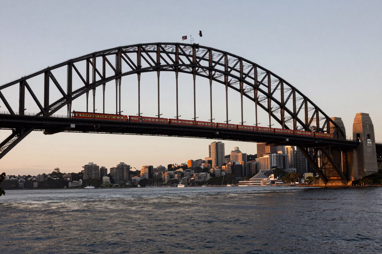 Sydney Harbour Bridge Commuter Train Crossing Blue Hour Bridge Before Sunrise in in Sydney, New South Wales, Australia