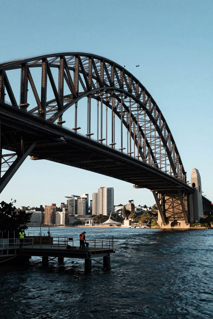 Sydney Harbour Bridge Construction Under Late Afternoon Light with Welding Sparks and Railway Viaduct in in Sydney, New South Wales, Australia