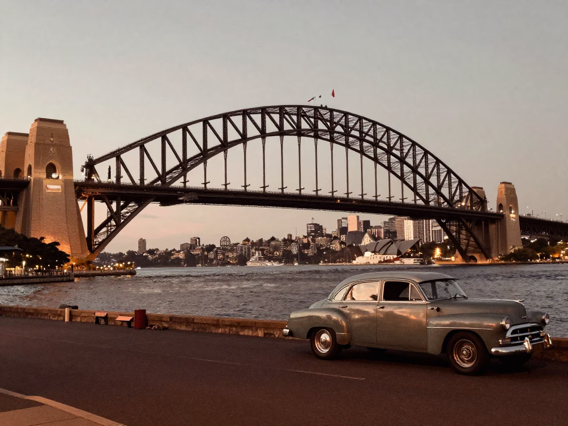 Sydney Harbour Bridge copper light before dusk with vintage street scene in in Sydney, New South Wales, Australia