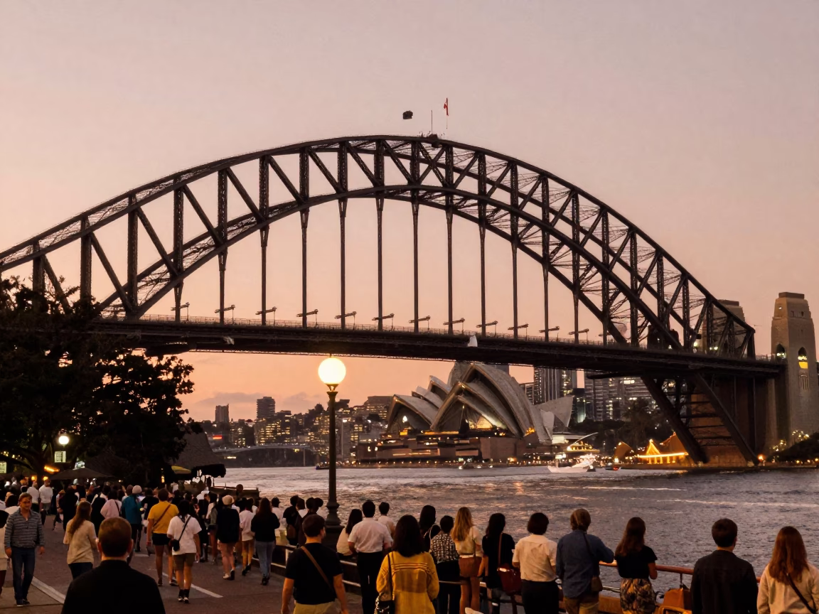 Sydney Harbour Bridge Copper Light Busy Street Scene Before Dusk in in Sydney, New South Wales, Australia