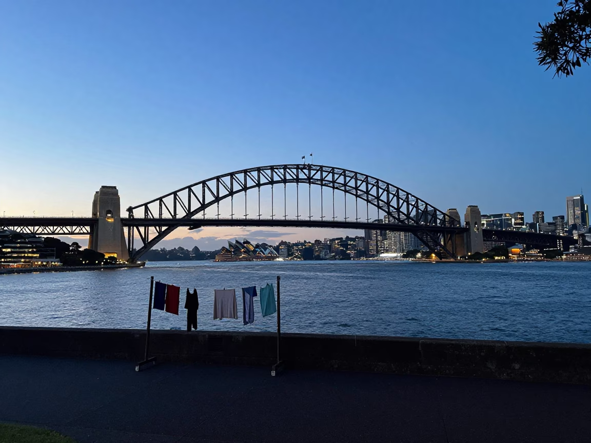 Sydney Harbour Bridge Dawn Horizon View with Laundry and Tea Towels in in Sydney, New South Wales, Australia