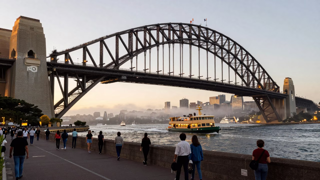 Sydney Harbour Bridge evening commute with ferry and harbour fog in in Sydney, New South Wales, Australia