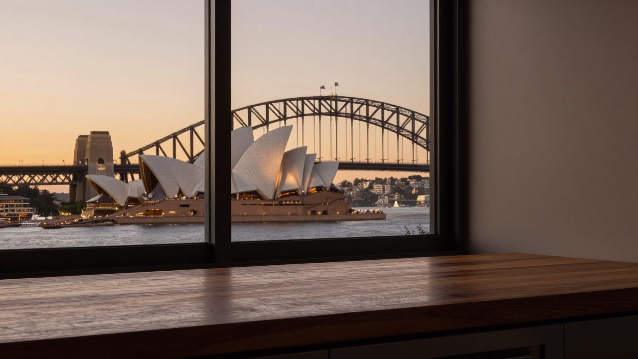 Sydney Harbour Bridge Evening Light with Smudged Countertop and Trifle Bowl in in Sydney, New South Wales, Australia