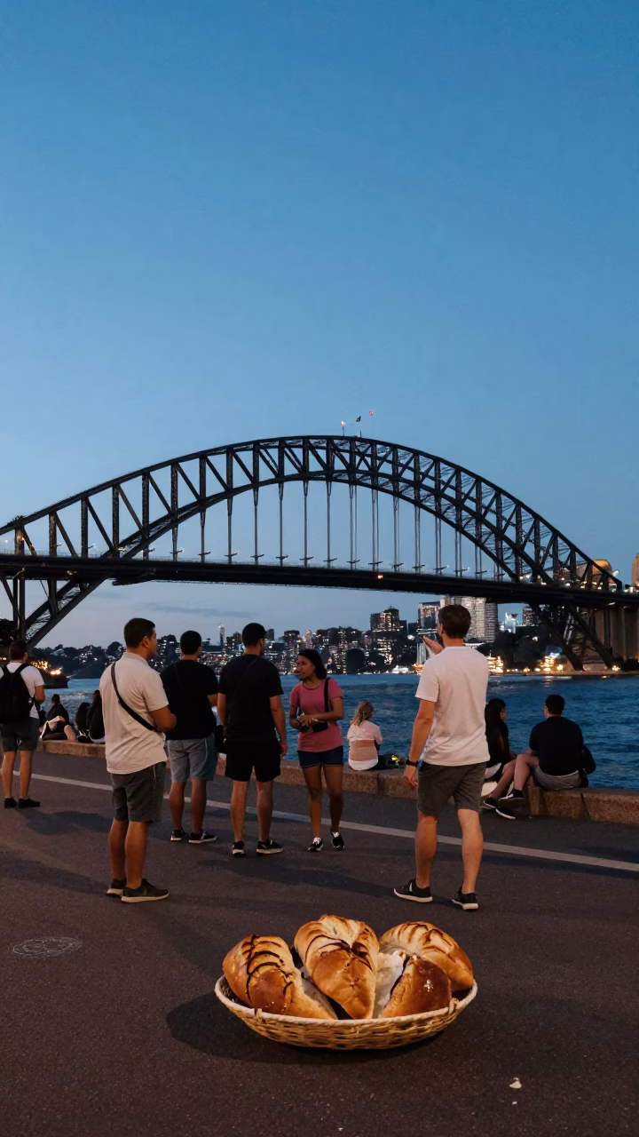 Sydney Harbour Bridge Evening Street Scene with Bread Basket and Hot Chocolate in in Sydney, New South Wales, Australia
