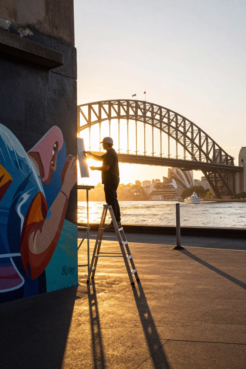 Sydney Harbour Bridge Golden Hour Street Mural Artist Painting Urban Scene in in Sydney, New South Wales, Australia