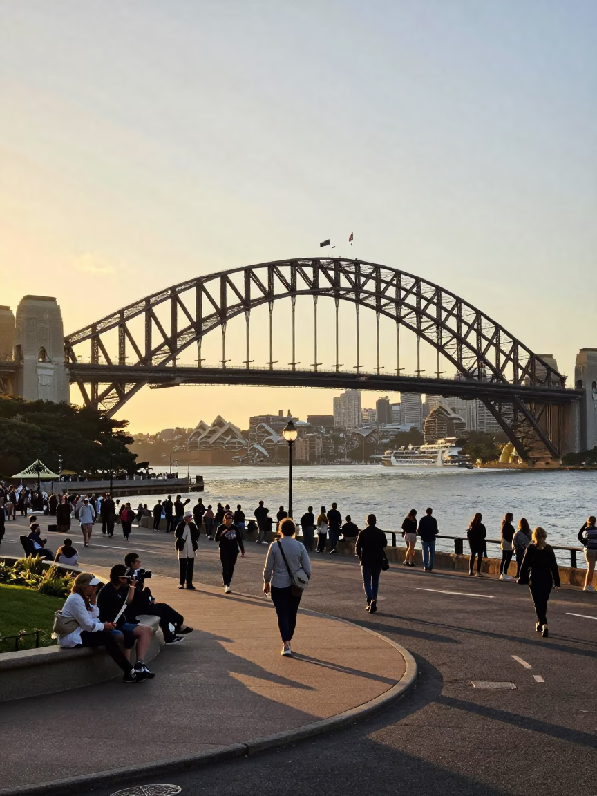 Sydney Harbour Bridge Golden Hour Street Scene with Vintage Camera and Local Crowd in in Sydney, New South Wales, Australia