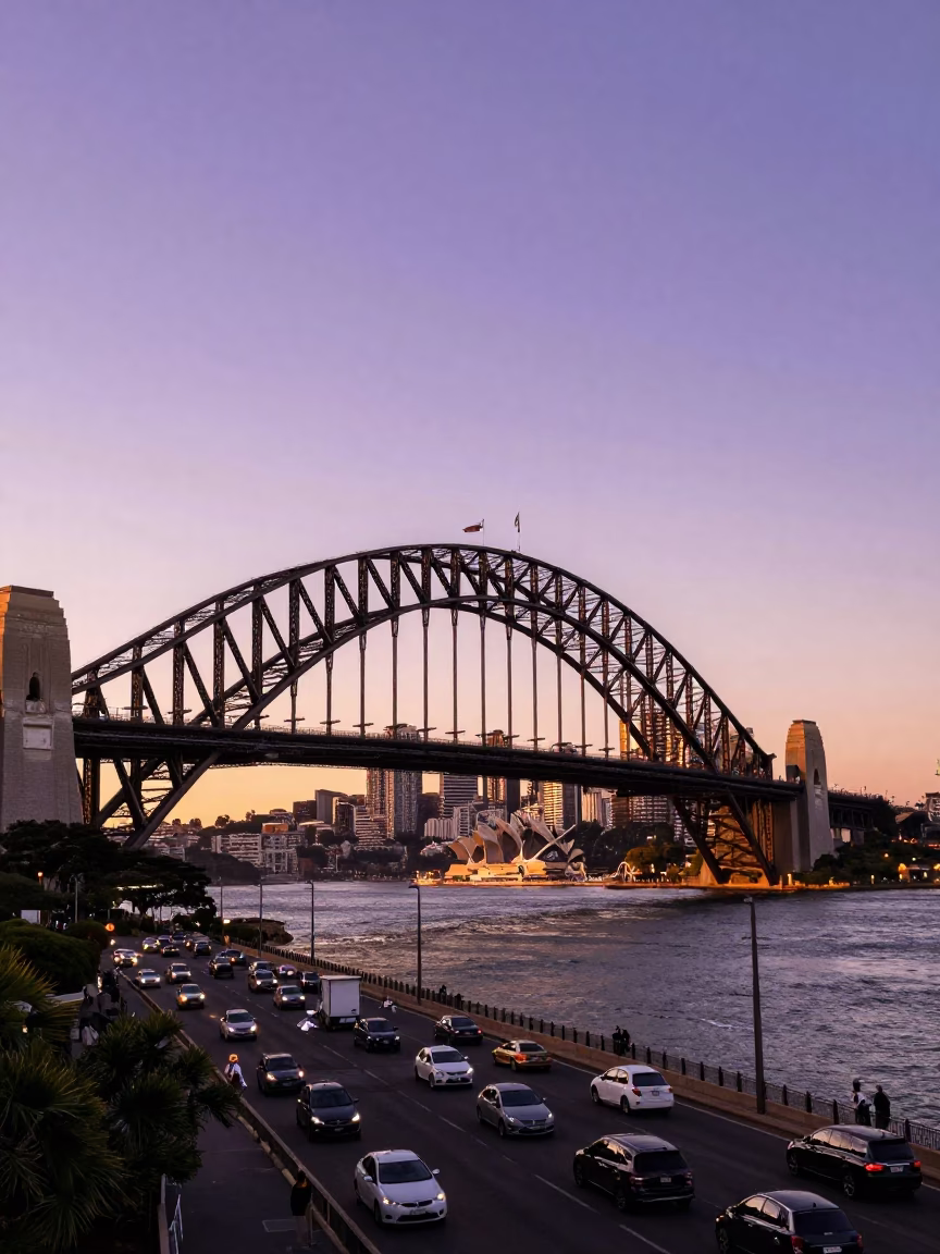 Sydney Harbour Bridge Golden Hour Traffic and Urban Skyline Realistic Photograph in in Sydney, New South Wales, Australia