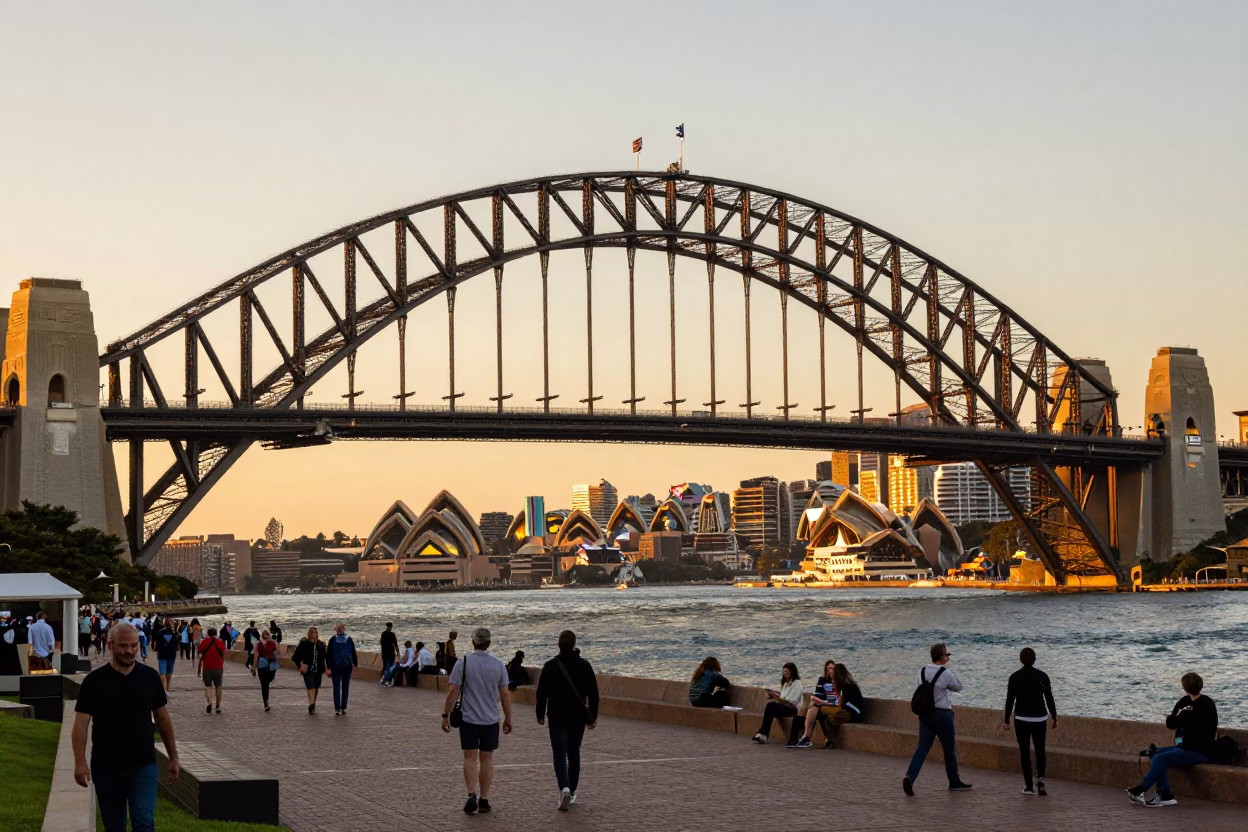 Sydney Harbour Bridge Golden Hour View from Circular Quay with Colorful Street Life in in Sydney, New South Wales, Australia