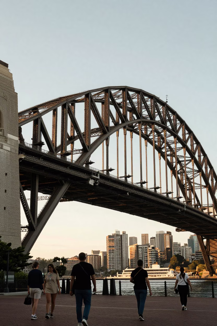 Sydney Harbour Bridge Late Afternoon Light with Pedestrians and Coastal Details in in Sydney, New South Wales, Australia