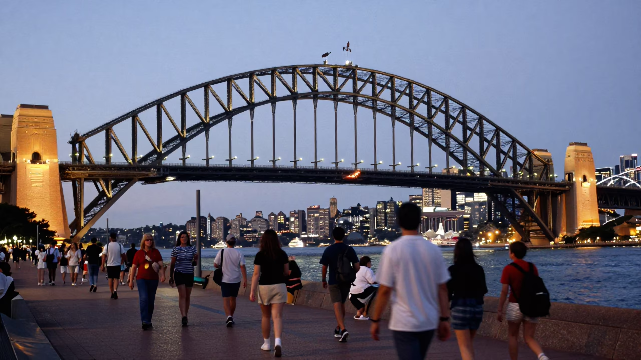 Sydney Harbour Bridge lit up at dusk with pedestrians and street vendors in in Sydney, New South Wales, Australia