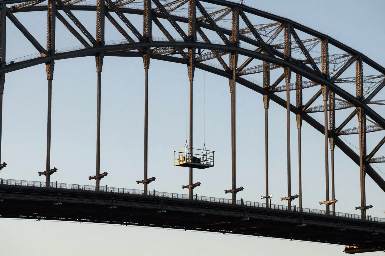 Sydney Harbour Bridge Maintenance Cage in Late Afternoon Light with Urban Background in in Sydney, New South Wales, Australia