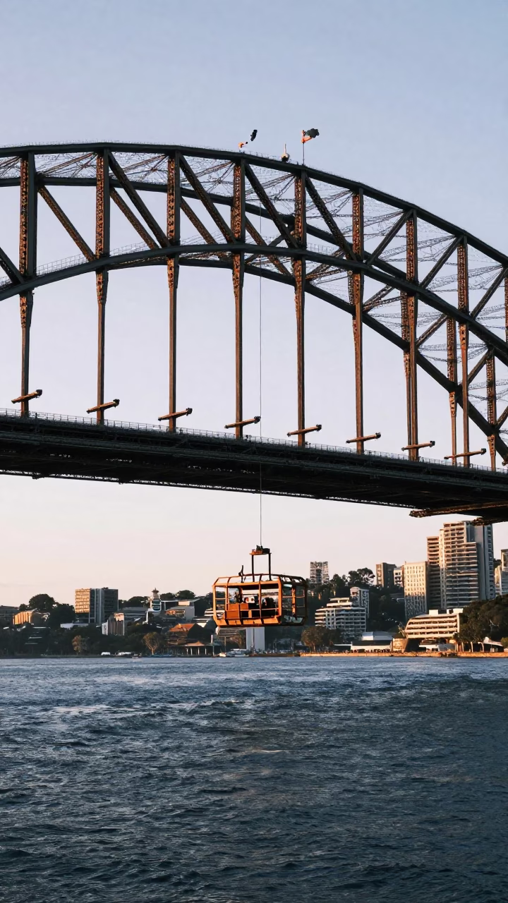 Sydney Harbour Bridge Maintenance Cage Swinging in Golden Hour Light in in Sydney, New South Wales, Australia