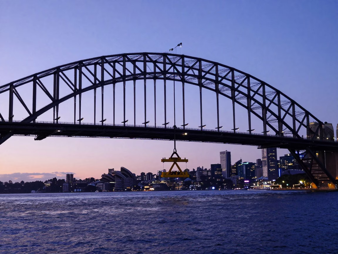 Sydney Harbour Bridge Maintenance Cradle Against Indigo Twilight Sky Over Cold River Water in in Sydney, New South Wales, Australia