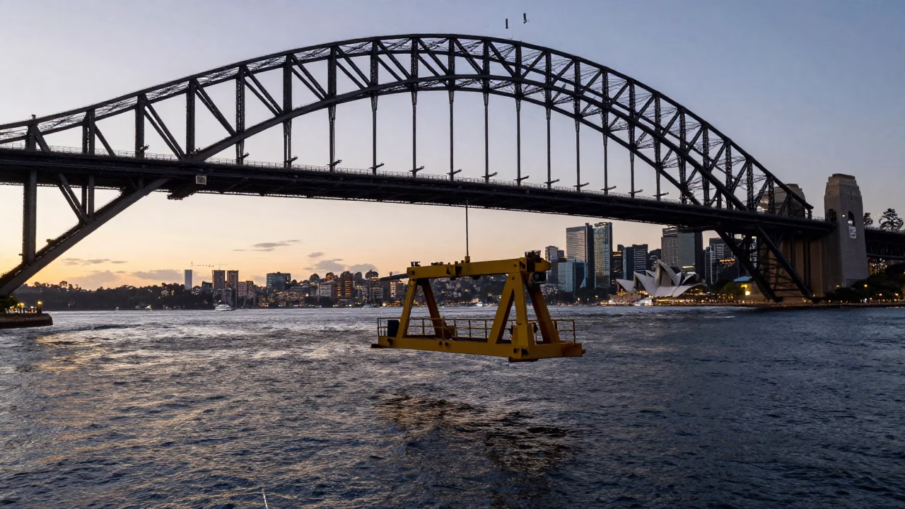 Sydney Harbour Bridge maintenance cradle at twilight with city skyline backdrop in in Sydney, New South Wales, Australia