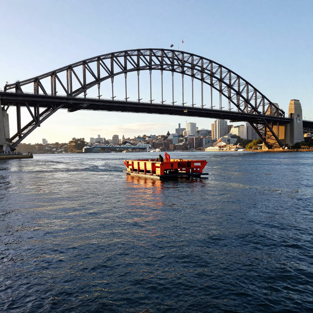 Sydney Harbour Bridge maintenance cradle hanging over cold river water in early afternoon in in Sydney, New South Wales, Australia