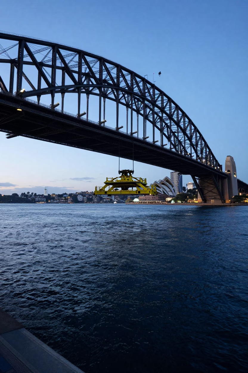 Sydney Harbour Bridge Maintenance Cradle Over Water at Twilight in in Sydney, New South Wales, Australia