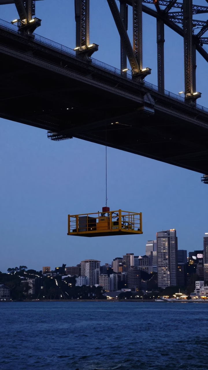Sydney Harbour Bridge maintenance cradle suspended above water in pre-dawn light in in Sydney, New South Wales, Australia