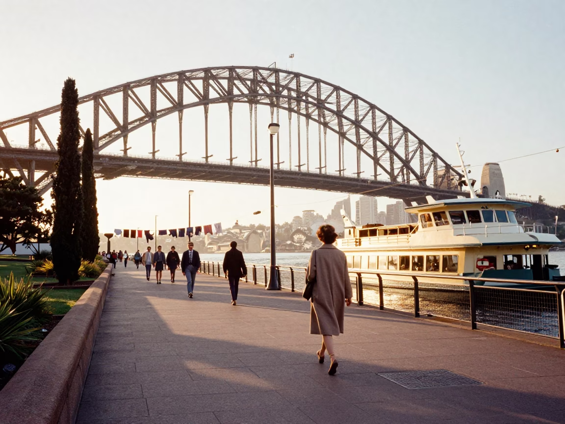 Sydney Harbour Bridge Morning Commute with Clothesline and Cypress Trees in in Sydney, New South Wales, Australia