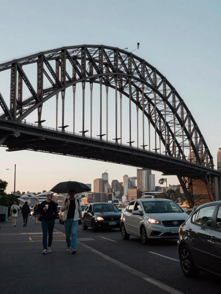 Sydney Harbour Bridge Morning Commute with Coffee and Umbrella in in Sydney, New South Wales, Australia