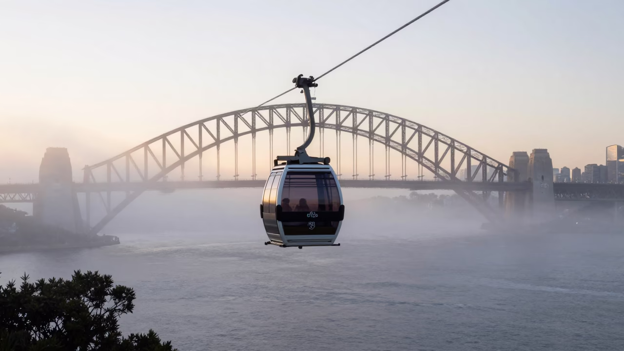 Sydney Harbour Bridge morning fog aerial tramway gondola first light New South Wales Australia in in Sydney, New South Wales, Australia