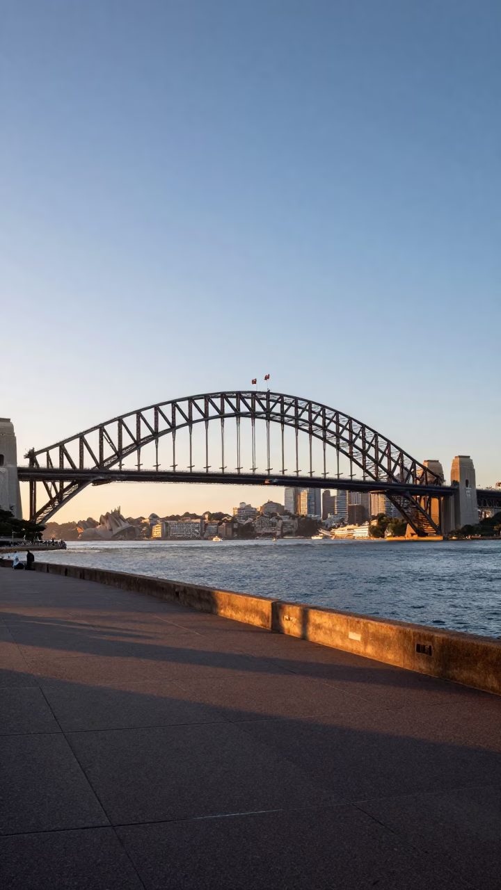 Sydney Harbour Bridge Morning Light Over Circular Quay Waterfront Promenade in in Sydney, New South Wales, Australia