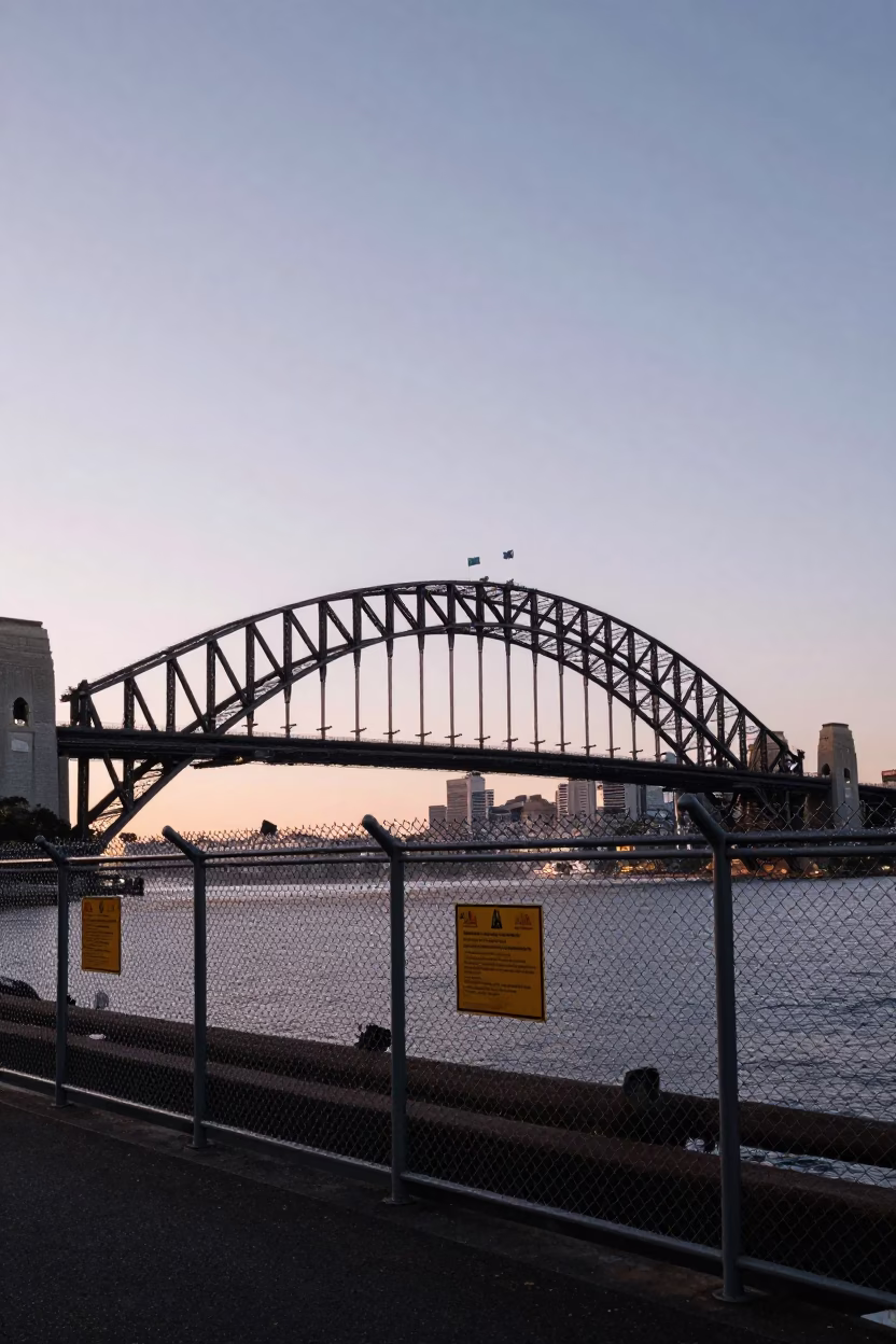 Sydney Harbour Bridge Nautical Dawn with Substation Fence and Dew in in Sydney, New South Wales, Australia