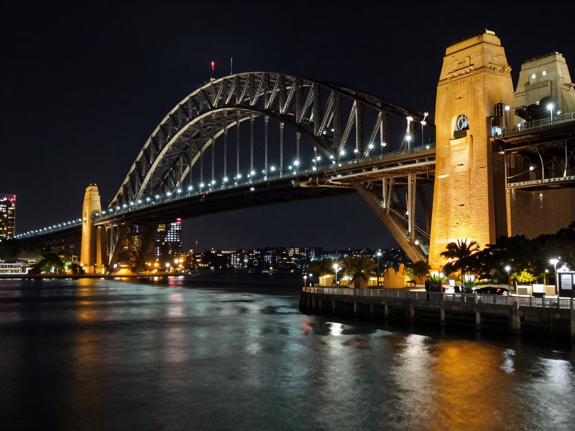 Sydney Harbour Bridge night pier flood current reflection urban Australia in in Sydney, New South Wales, Australia
