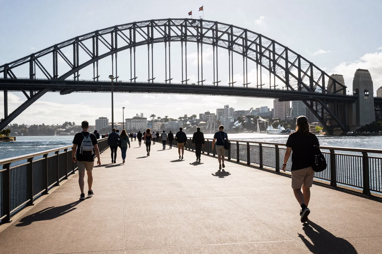 Sydney Harbour Bridge Noon Light Pedestrian Walkway with Tourist Water Bottle and Urban Skyline in in Sydney, New South Wales, Australia