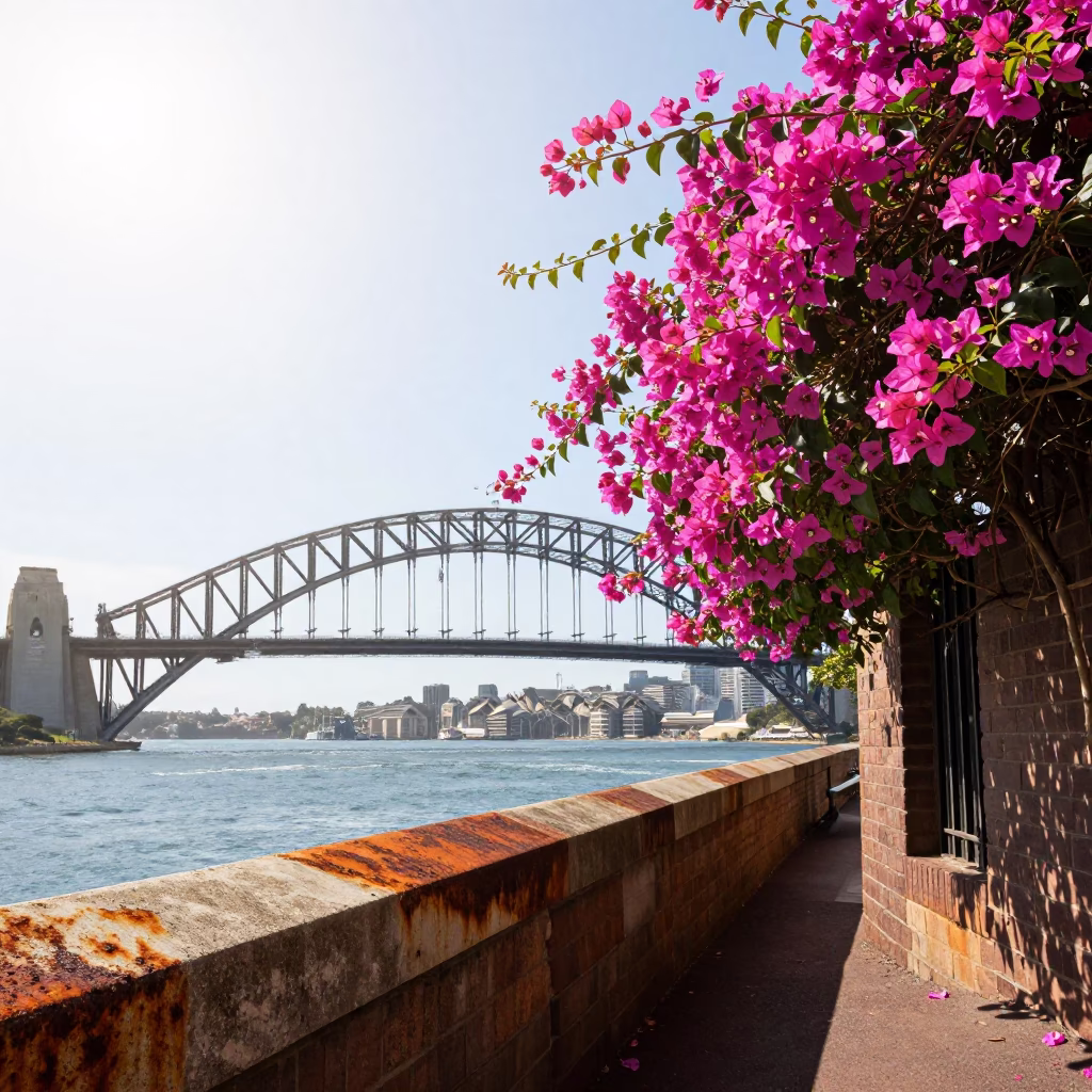Sydney Harbour Bridge Noon Light with Bougainvillea and Rusty Drain Detail in in Sydney, New South Wales, Australia