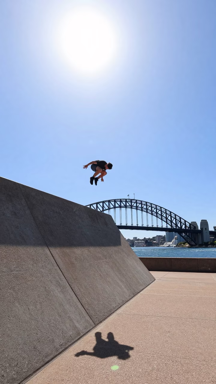 Sydney Harbour Bridge Noon Sunlight and Concrete Parkour Vaulting Action Shot in in Sydney, New South Wales, Australia