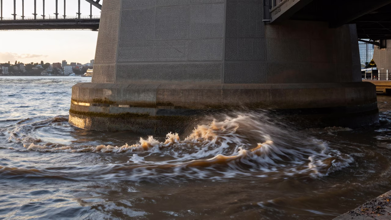 Sydney Harbour Bridge Pier Base Swirling with Muddy Water at Sunrise in in Sydney, New South Wales, Australia