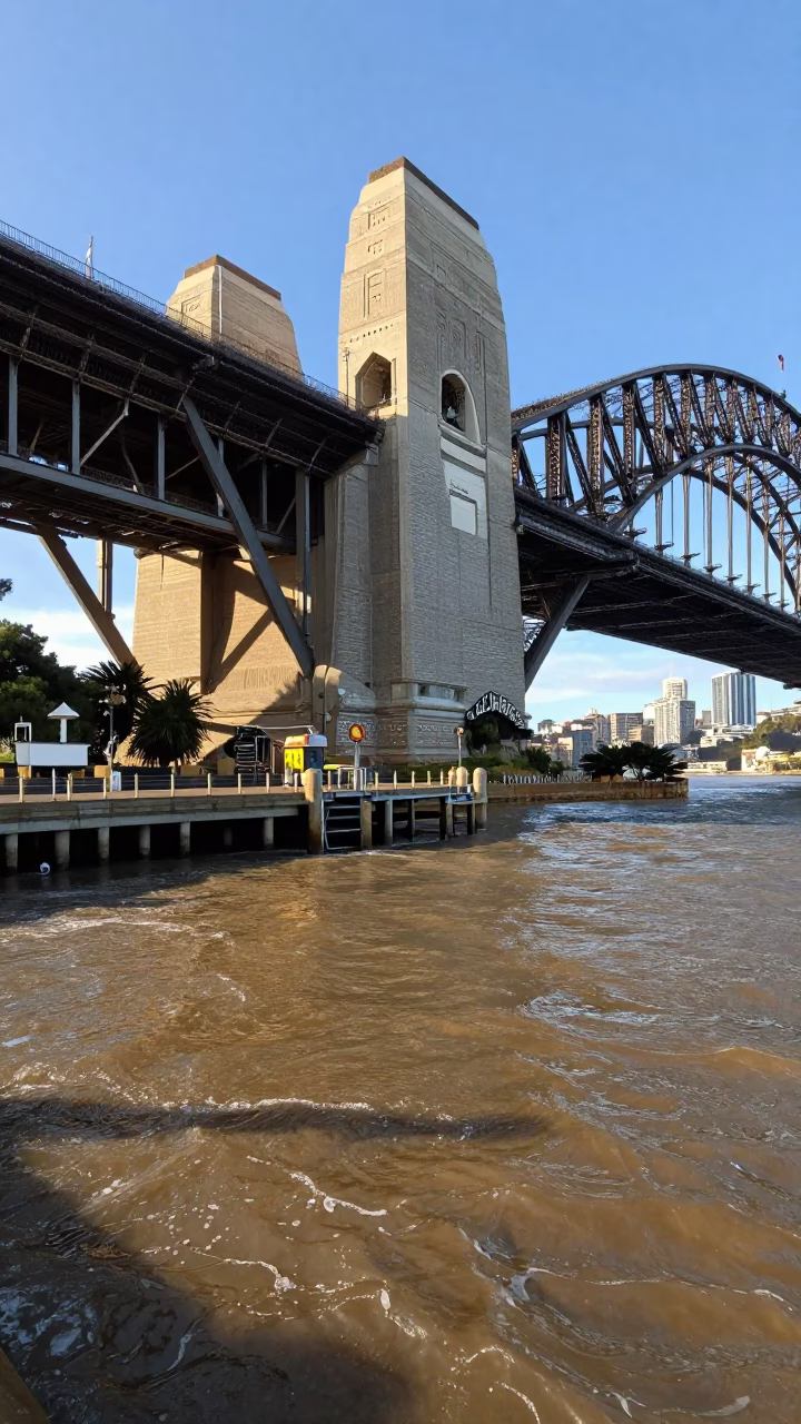 Sydney Harbour Bridge pier cutwater splitting brown current in late afternoon light in in Sydney, New South Wales, Australia